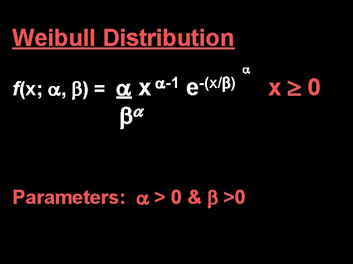 Weibull Distribution f(x; , ) = x -1 e-(x/ ) Parameters: > 0 &