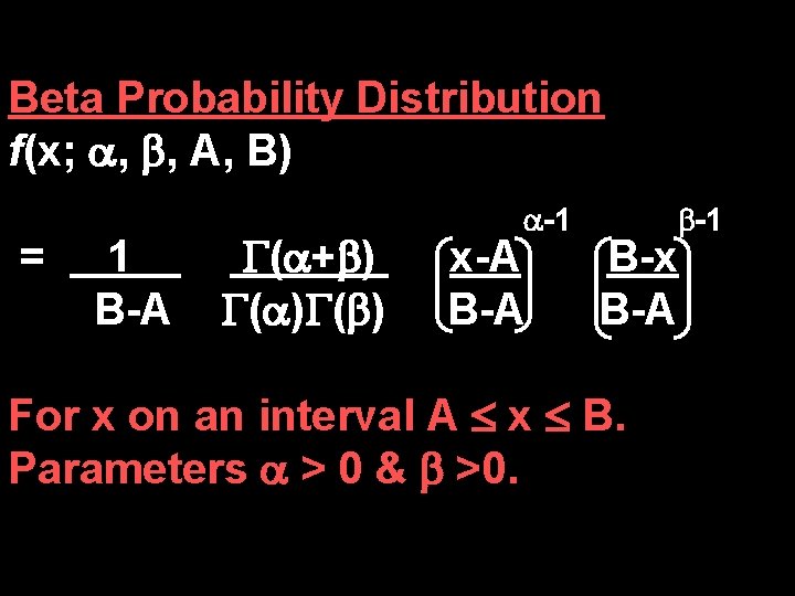 Beta Probability Distribution f(x; , , A, B) = 1 B-A ( + )