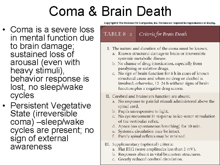Coma & Brain Death • Coma is a severe loss in mental function due