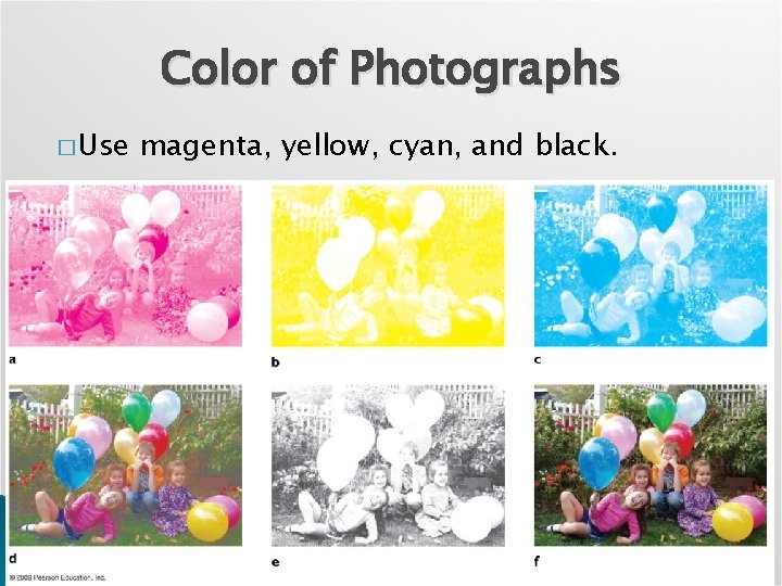 Color of Photographs � Use magenta, yellow, cyan, and black. 