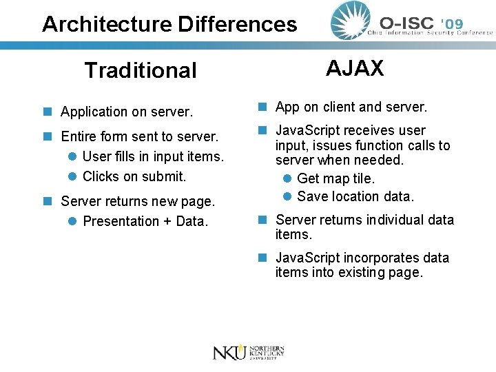 Architecture Differences Traditional AJAX n Application on server. n App on client and server.