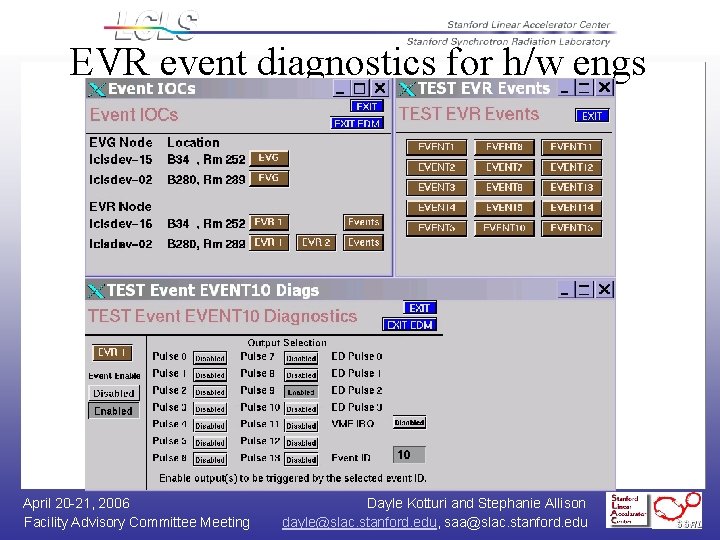 EVR event diagnostics for h/w engs April 20 -21, 2006 Facility Advisory Committee Meeting