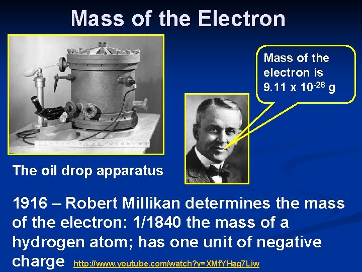 Mass of the Electron Mass of the electron is 9. 11 x 10 -28