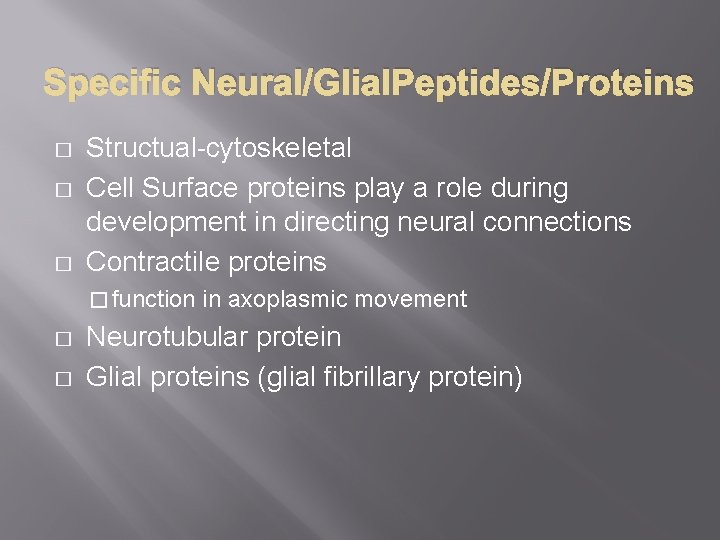 Specific Neural/Glial. Peptides/Proteins � � � Structual-cytoskeletal Cell Surface proteins play a role during