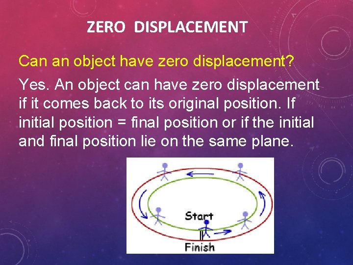 ZERO DISPLACEMENT Can an object have zero displacement? Yes. An object can have zero ZERO DISPLACEMENT Can an object have zero displacement? Yes. An object can have zero