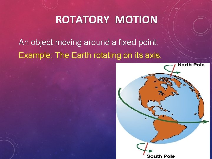 ROTATORY MOTION An object moving around a fixed point. Example: The Earth rotating on ROTATORY MOTION An object moving around a fixed point. Example: The Earth rotating on