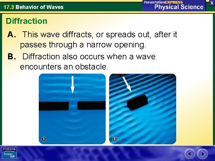 17. 3 Behavior of Waves Diffraction A. This wave diffracts, or spreads out, after