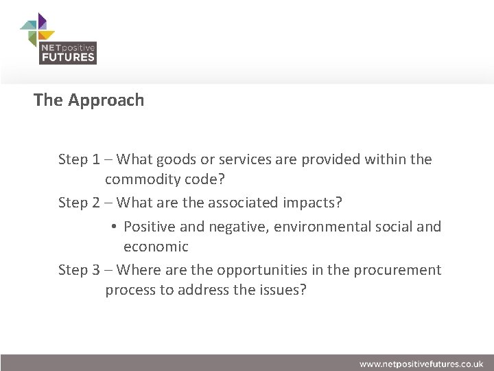 The Approach Step 1 – What goods or services are provided within the commodity