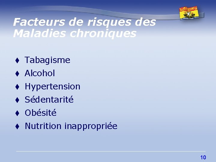 Facteurs de risques des Maladies chroniques t Tabagisme t Alcohol t Hypertension t Sédentarité