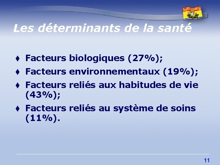 Les déterminants de la santé t Facteurs biologiques (27%); t Facteurs environnementaux (19%); t