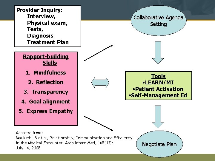 Provider Inquiry: Interview, Physical exam, Tests, Diagnosis Treatment Plan Collaborative Agenda Setting Rapport-building Skills