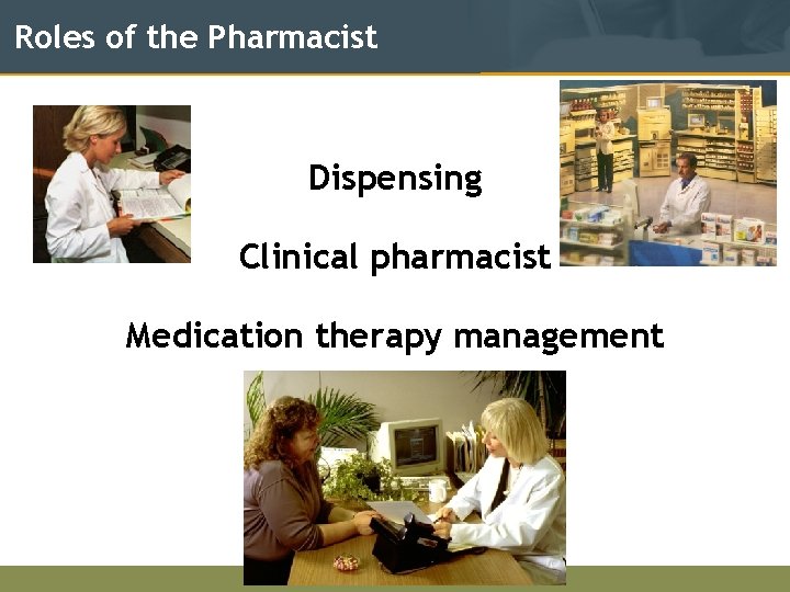 Roles of the Pharmacist Dispensing Clinical pharmacist Medication therapy management 