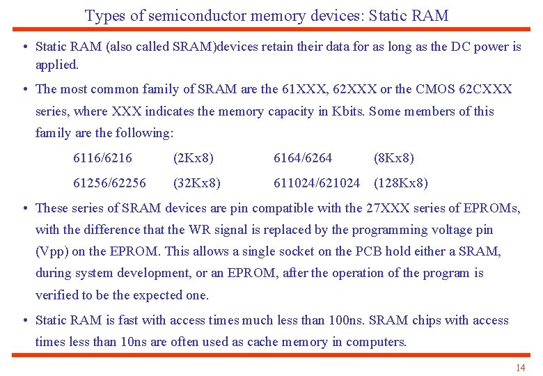 Types of semiconductor memory devices: Static RAM • Static RAM (also called SRAM)devices retain
