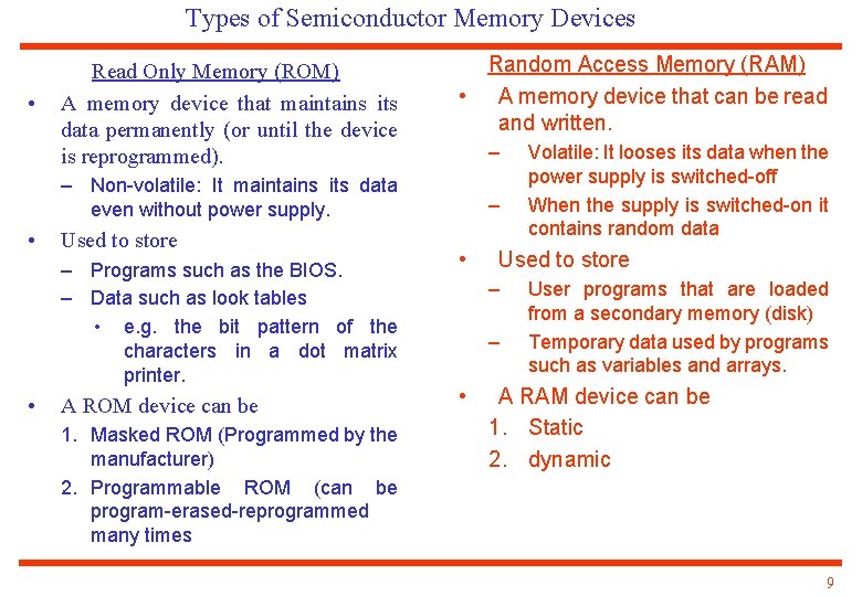 Types of Semiconductor Memory Devices • Read Only Memory (ROM) A memory device that