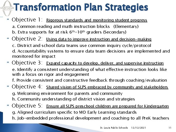 Transformation Plan Strategies Objective 1: Rigorous standards and monitoring student progress Objective 2: Using