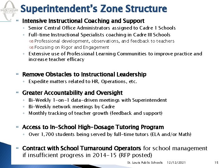 Superintendent’s Zone Structure Intensive Instructional Coaching and Support ◦ Senior Central Office Administrators assigned