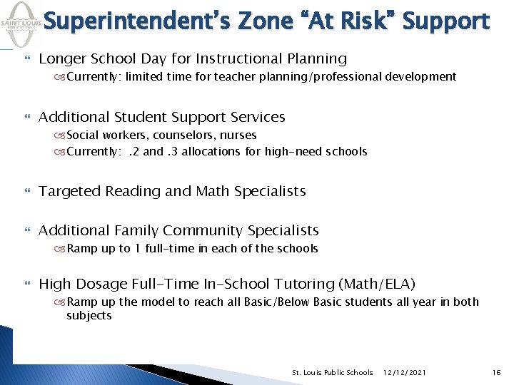 Superintendent’s Zone “At Risk” Support Longer School Day for Instructional Planning Currently: limited time