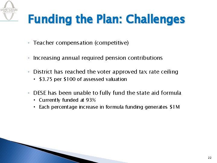 Funding the Plan: Challenges ◦ Teacher compensation (competitive) ◦ Increasing annual required pension contributions