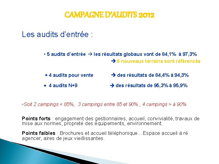 CAMPAGNE D’AUDITS 2012 Les audits d’entrée : • 5 audits d’entrée les résultats globaux