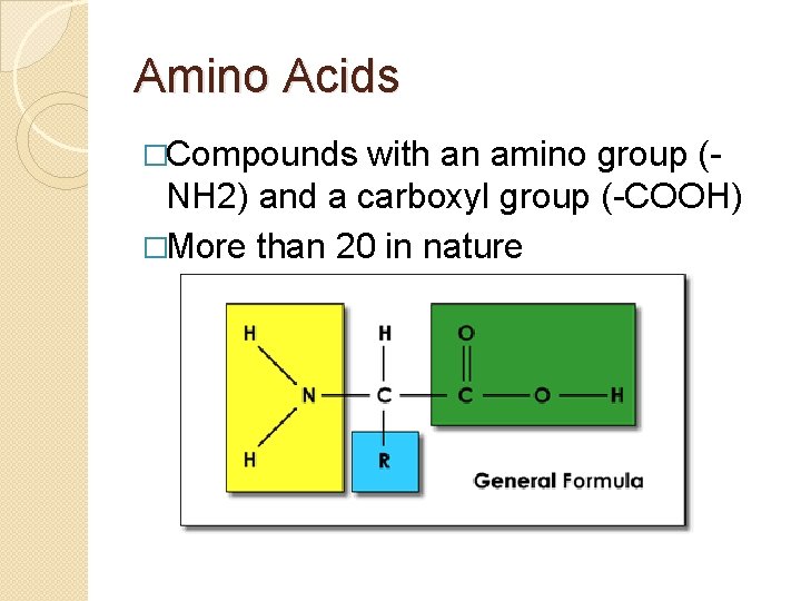 Amino Acids �Compounds with an amino group (NH 2) and a carboxyl group (-COOH)