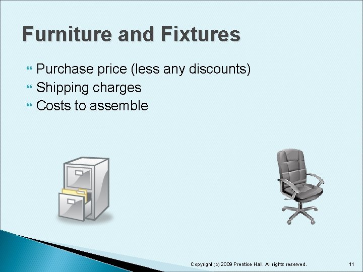 Furniture and Fixtures Purchase price (less any discounts) Shipping charges Costs to assemble Copyright