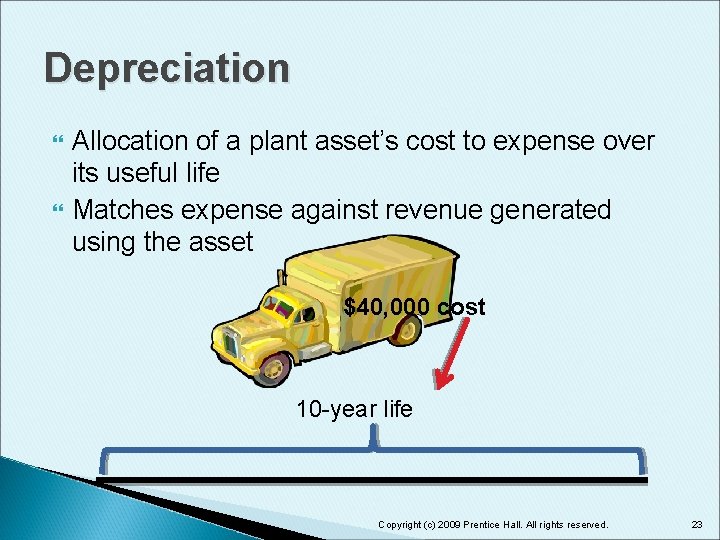 Depreciation Allocation of a plant asset’s cost to expense over its useful life Matches