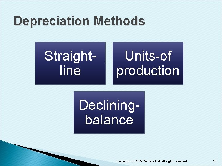 Depreciation Methods Straightline Units-of production Decliningbalance Copyright (c) 2009 Prentice Hall. All rights reserved.