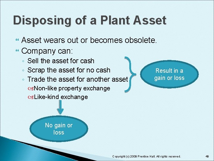 Disposing of a Plant Asset wears out or becomes obsolete. Company can: ◦ Sell