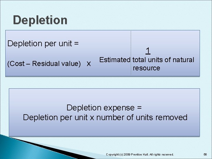 Depletion per unit = (Cost – Residual value) x 1 Estimated total units of