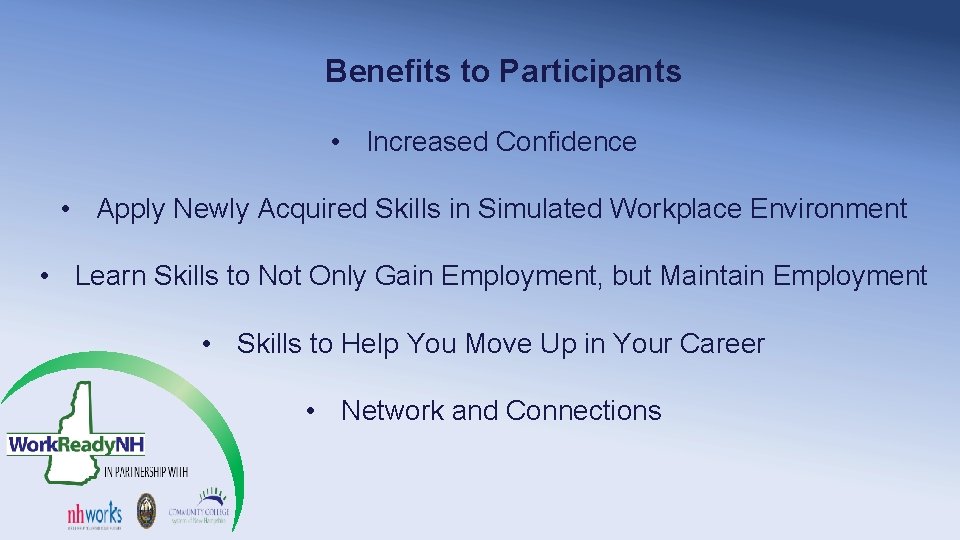 Benefits to Participants • Increased Confidence • Apply Newly Acquired Skills in Simulated Workplace