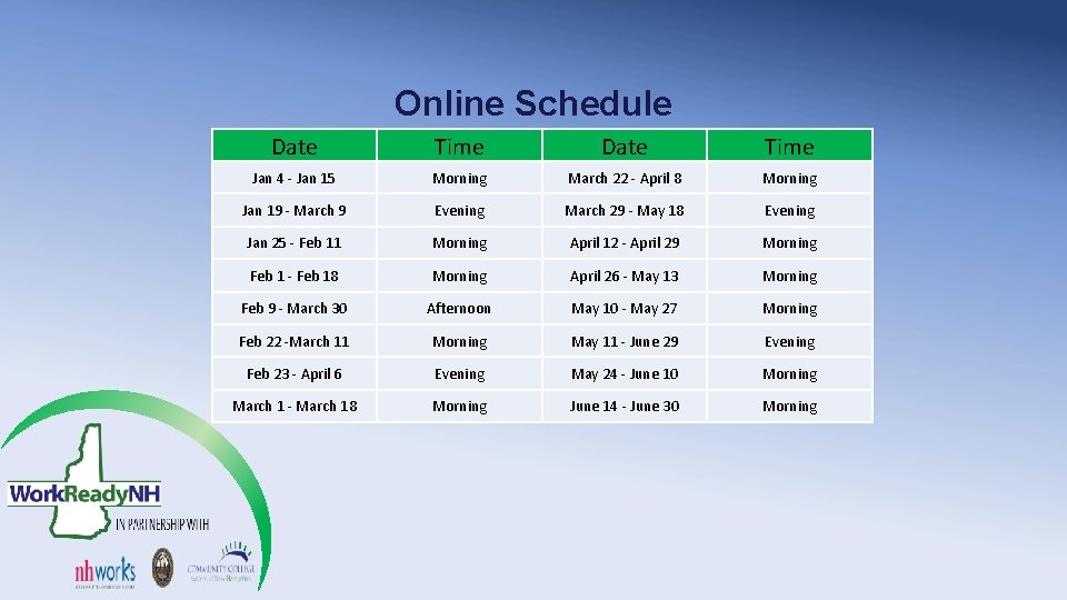 Online Schedule Date Time Jan 4 - Jan 15 Morning March 22 - April
