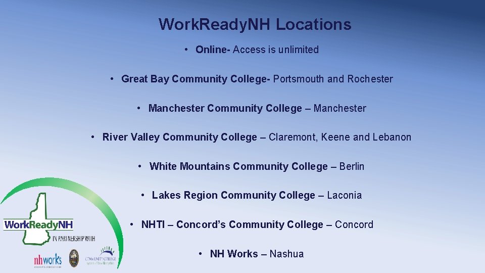 Work. Ready. NH Locations • Online- Access is unlimited • Great Bay Community College-