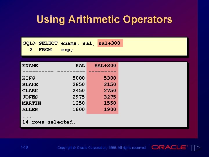Using Arithmetic Operators SQL> SELECT ename, sal+300 2 FROM emp; ENAME SAL+300 ----- ----KING