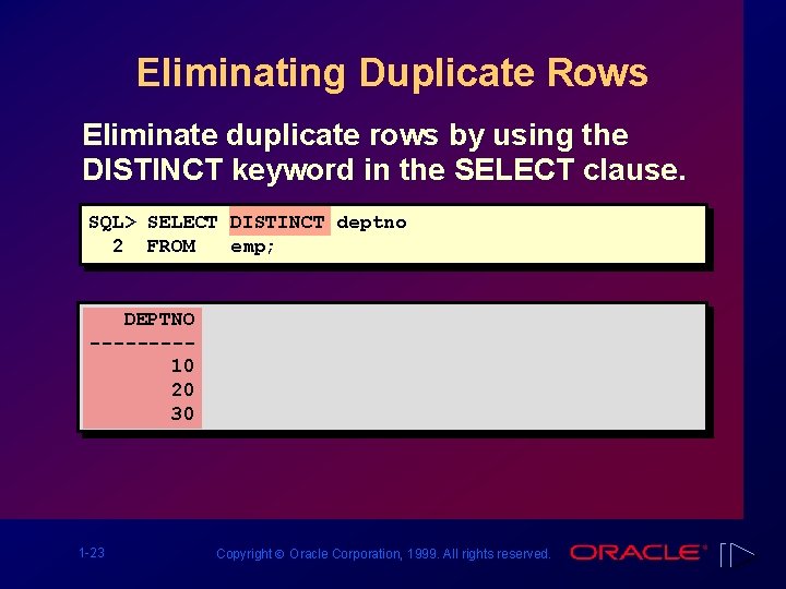 Eliminating Duplicate Rows Eliminate duplicate rows by using the DISTINCT keyword in the SELECT