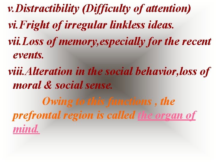 v. Distractibility (Difficulty of attention) vi. Fright of irregular linkless ideas. vii. Loss of