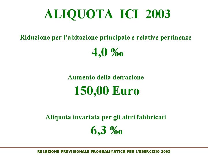 ALIQUOTA ICI 2003 Riduzione per l’abitazione principale e relative pertinenze 4, 0 ‰ Aumento