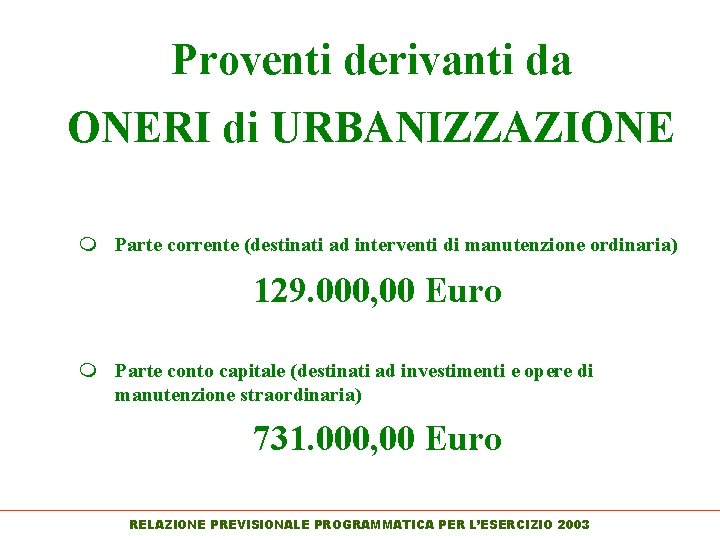 Proventi derivanti da ONERI di URBANIZZAZIONE m Parte corrente (destinati ad interventi di manutenzione