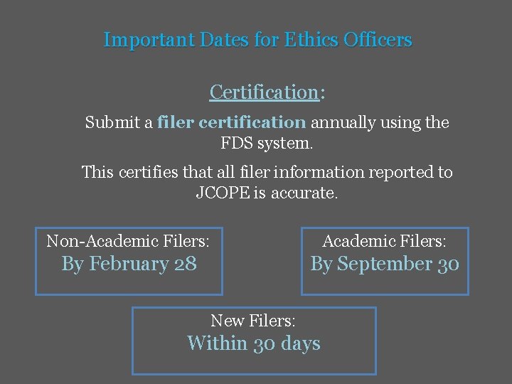 Important Dates for Ethics Officers Certification: Submit a filer certification annually using the FDS