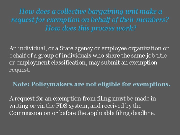 How does a collective bargaining unit make a request for exemption on behalf of