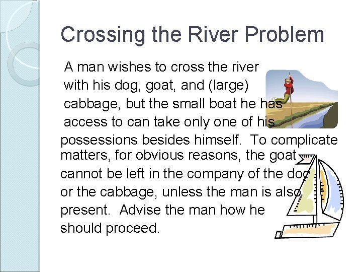 Crossing the River Problem A man wishes to cross the river with his dog,