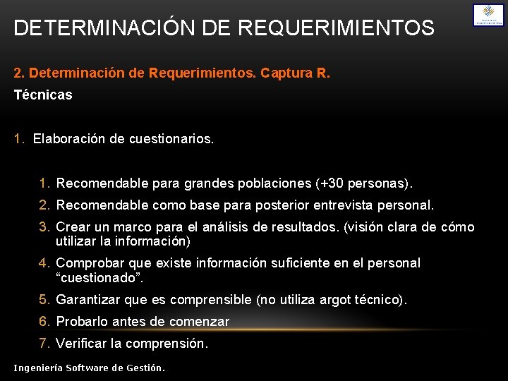 DETERMINACIN DE REQUERIMIENTOS Tabla de contenidos 1 Conceptos