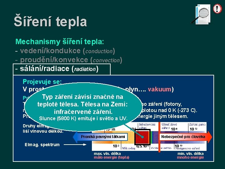 Šíření tepla Mechanismy šíření tepla: - vedení/kondukce (conduction) - proudění/konvekce (convection) - sálání/radiace (radiation)