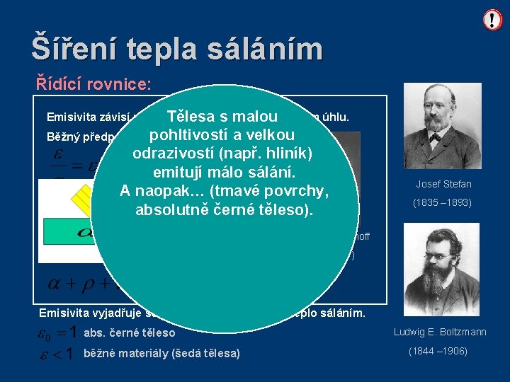 Šíření tepla sáláním Řídící rovnice: Emisivita závisí na teplotě, vlnové a emisním úhlu. Tělesa