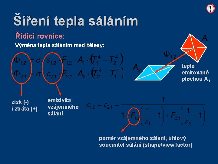 Šíření tepla sáláním Řídící rovnice: Výměna tepla sáláním mezi tělesy: teplo emitované plochou A