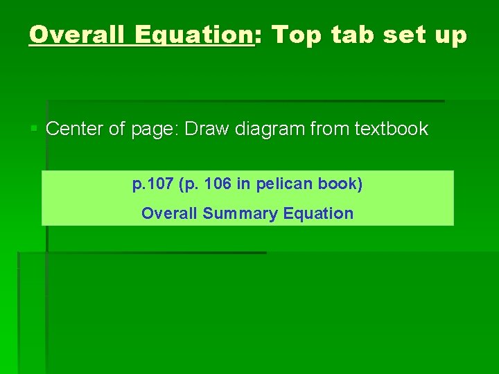 Overall Equation: Top tab set up § Center of page: Draw diagram from textbook