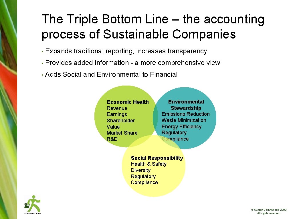 The Triple Bottom Line – the accounting process of Sustainable Companies • Expands traditional