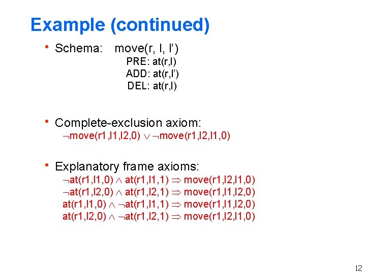 Example (continued) h Schema: move(r, l, l’) PRE: at(r, l) ADD: at(r, l’) DEL: