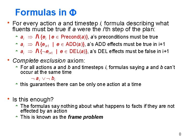 Formulas in h For every action a and timestep i, formula describing what fluents