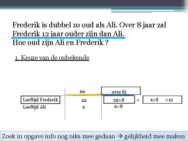 Frederik is dubbel zo oud als Ali. Over 8 jaar zal Frederik 12 jaar