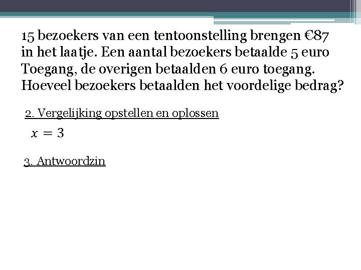 15 bezoekers van een tentoonstelling brengen € 87 in het laatje. Een aantal bezoekers